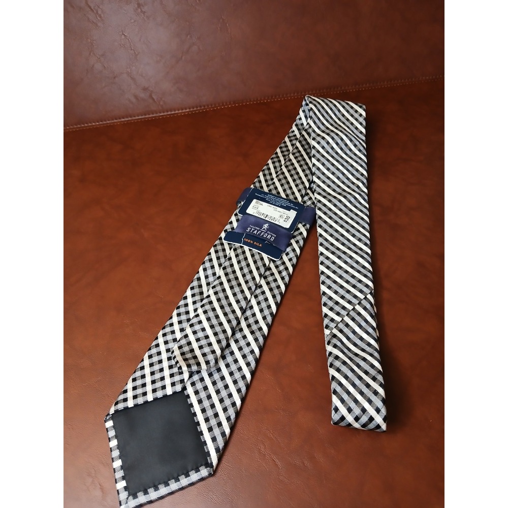 Tie Men's STAFFORD BLACK WHITE 100% Silk Oxford Necktie TAILORED 3.25W NEW